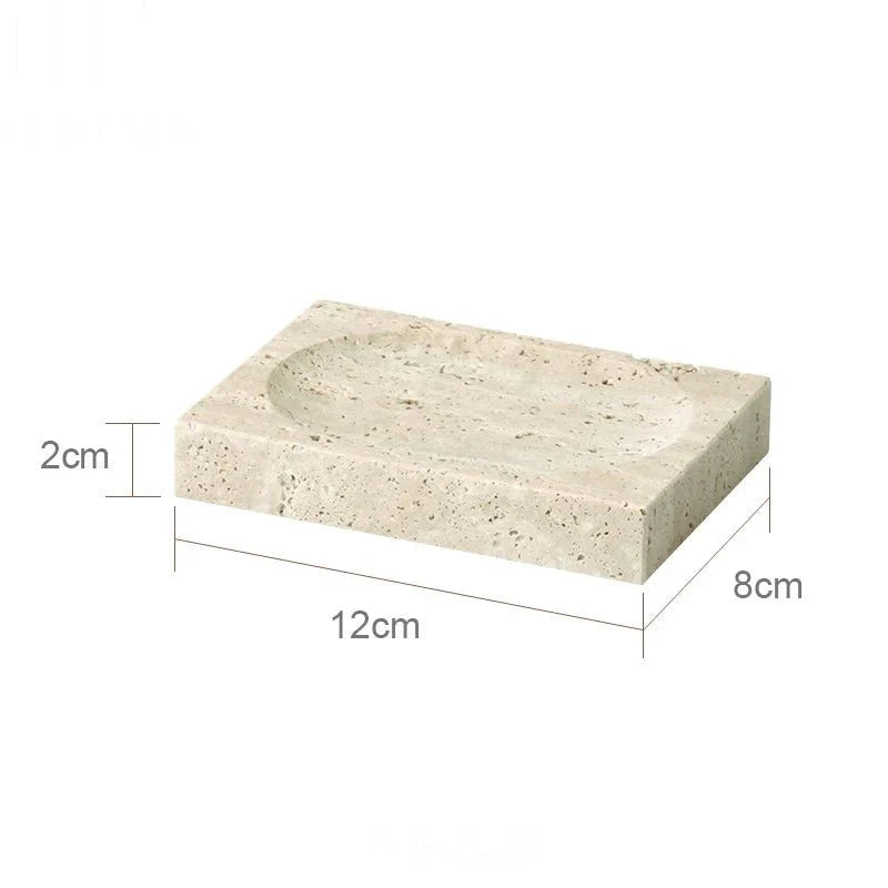 Travertine soap holder with dimensions; part of LUX™ minimalist bathroom set.