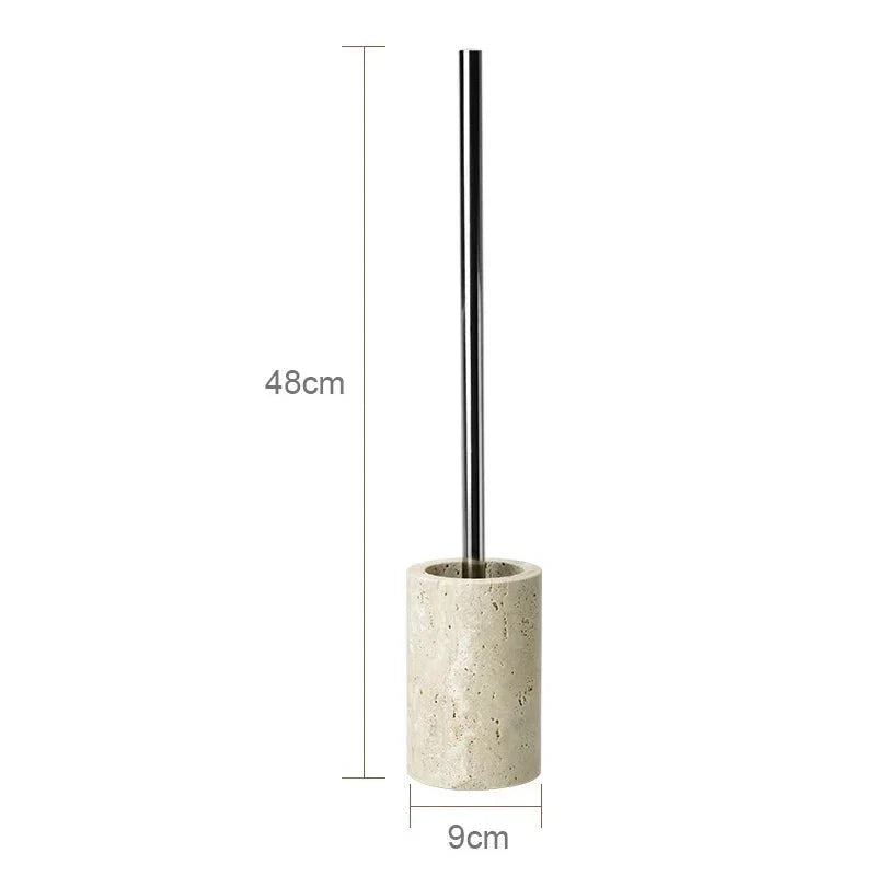 Minimalist travertine bathroom set with dispenser and holder, 48cm height, 9cm diameter.