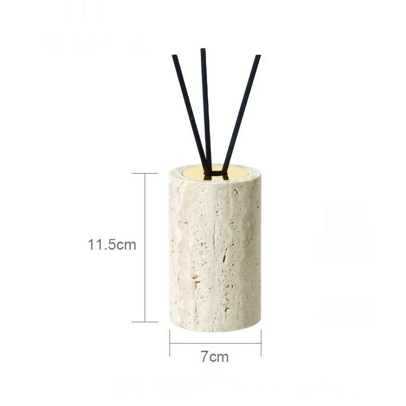Travertine bathroom dispenser and holder; minimalist design with black reeds; dimensions 11.5cm x 7cm.