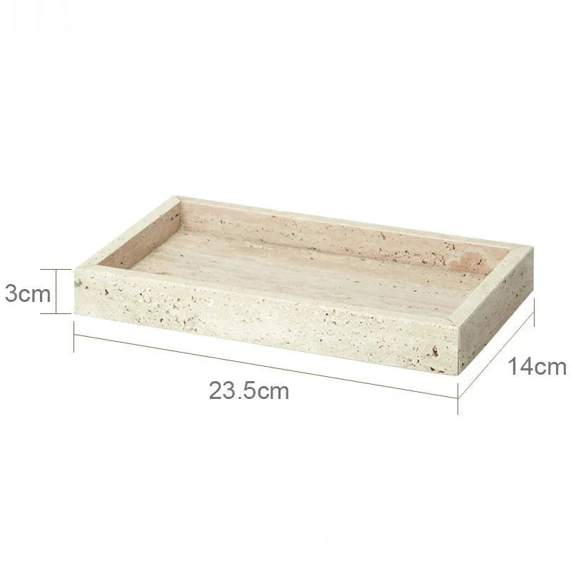 Travertine bathroom set tray with dimensions 23.5cm x 14cm x 3cm.