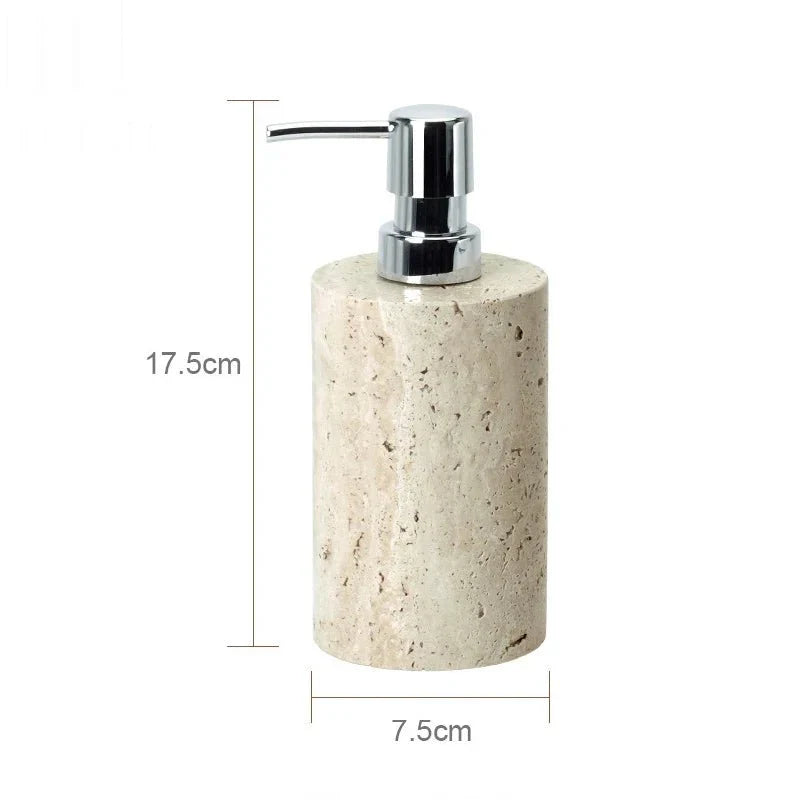 Travertine soap dispenser from the LUX™ bathroom set with minimalist design, measuring 17.5 cm in height and 7.5 cm in diameter.