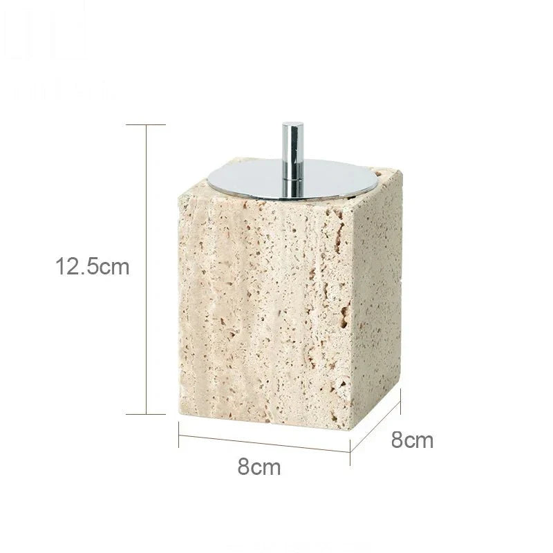 Minimalist travertine bathroom dispenser with natural stone texture, dimensions 12.5cm x 8cm.