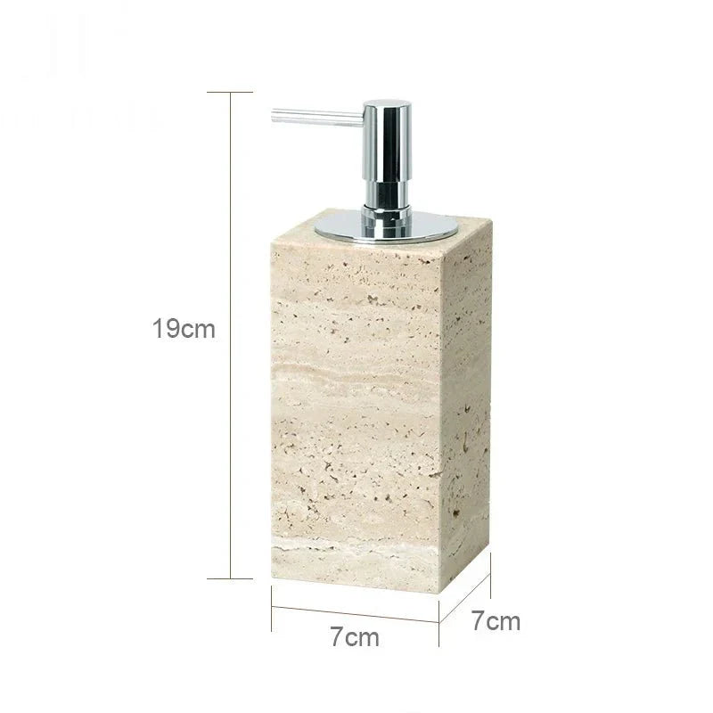 Minimalist travertine bathroom dispenser measuring 19x7x7 cm.