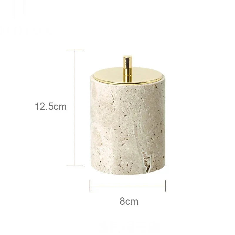 Travertine bathroom dispenser with gold top from LUX™ AURÈA LINE, 12.5cm tall, minimalist design.