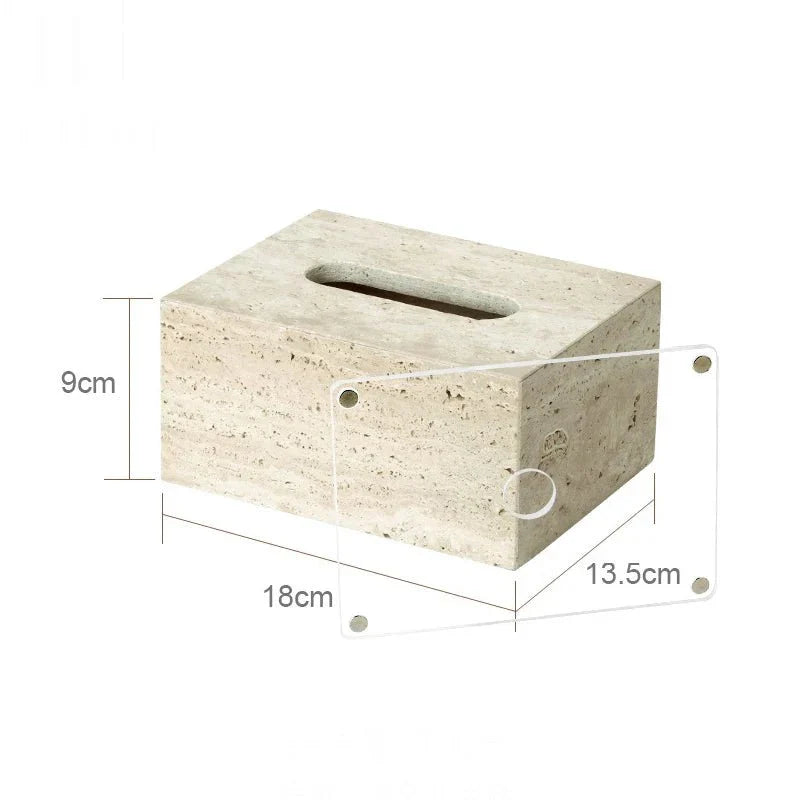 Minimalist travertine bathroom set dispenser with dimensions.