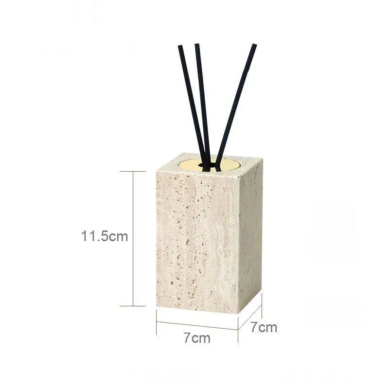 Minimalist travertine bathroom set dispenser and holder, dimensions 11.5cm x 7cm x 7cm.