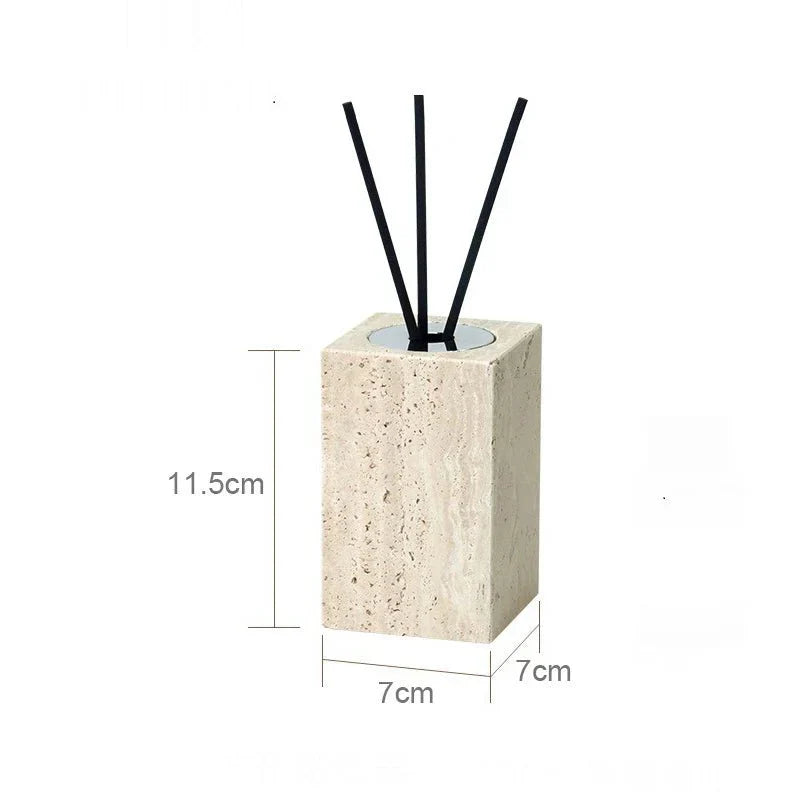 Minimalist travertine bathroom set with natural stone dispenser holder.