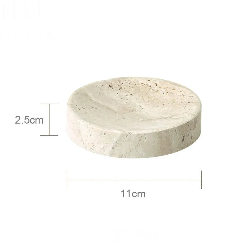 LUX™ Bathroom Set Travertine Dispenser and Holder, minimalist natural stone, 11cm diameter, 2.5cm height, bathroom set elegance.