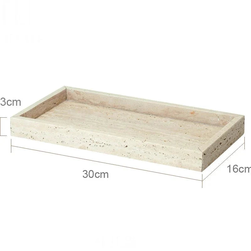 LUX™ Bathroom Set – Travertine Dispenser and Holder, minimalist natural stone bathroom accessory with dimensions 30cm x 16cm x 3cm.