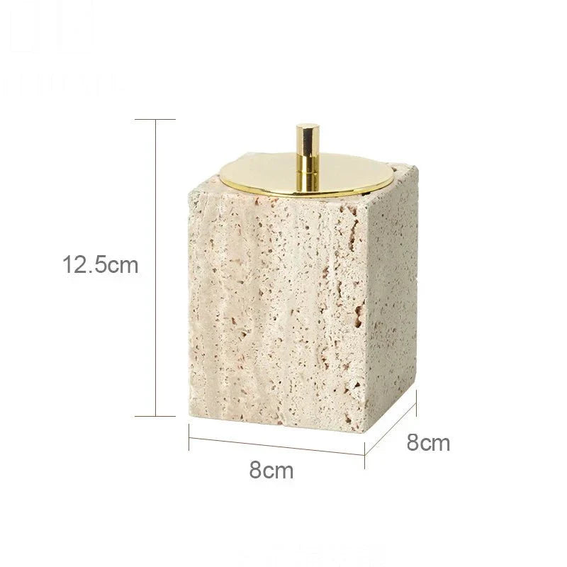 Travertine dispenser with gold top, part of LUX™ minimalist bathroom set, measuring 12.5cm in height and 8cm in width.