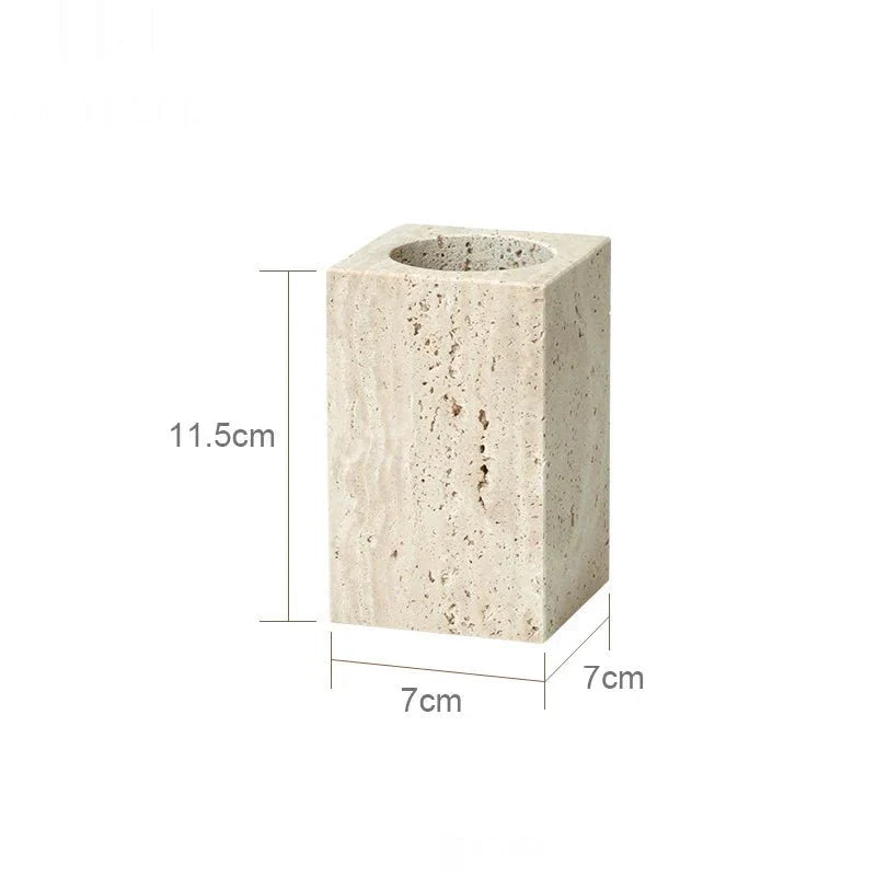 Travertine bathroom dispenser and holder set with minimalist design, measuring 11.5cm by 7cm, showcasing natural stone texture.