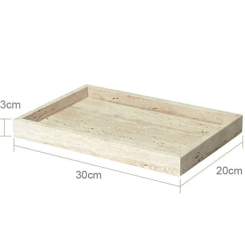 Travertine bathroom tray with dimensions labeled, part of the LUX™ Bathroom Set.