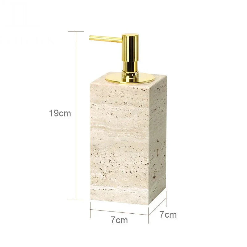 Minimalist travertine dispenser from LUX™ bathroom set with gold pump, dimensions 19cm x 7cm x 7cm.