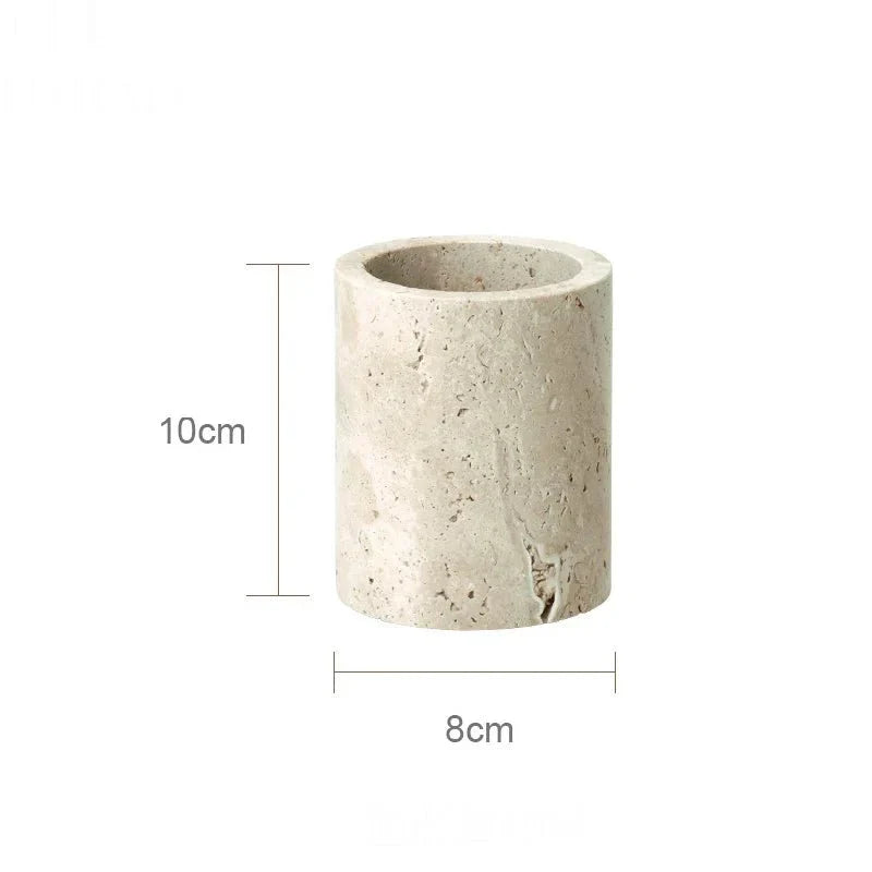 Minimalist travertine bathroom holder, 10cm height, 8cm width.
