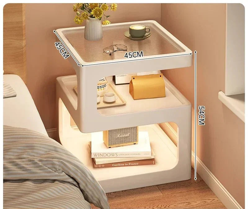 Minimalist wooden nightstand with ventilated top, LED lighting, and Z-shaped design.