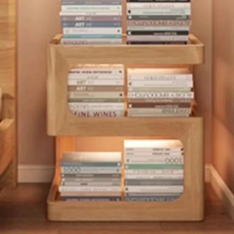 Minimalist wooden nightstand with books on sculptural Z-shaped shelves.