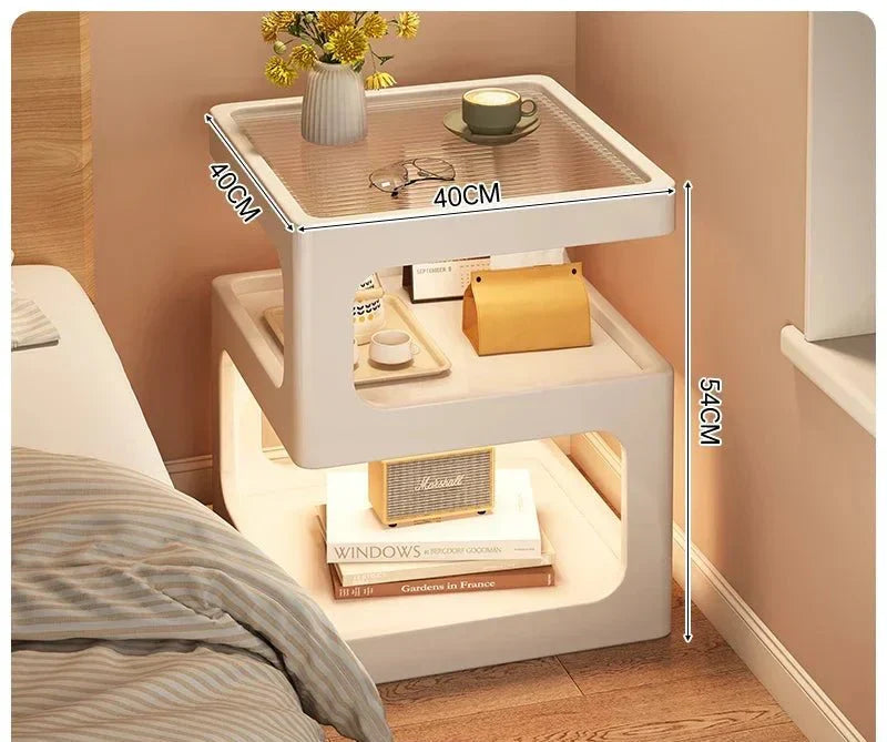 Minimalist wooden nightstand with sculptural Z-shape design, integrated LED lighting, and storage compartments.