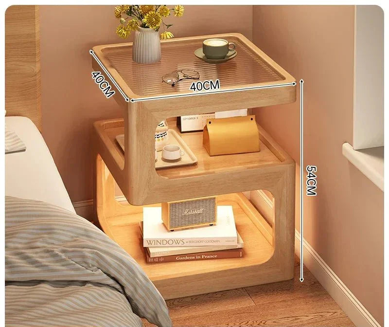 Minimalist wooden nightstand with sculptural Z-shape and integrated LED lighting.