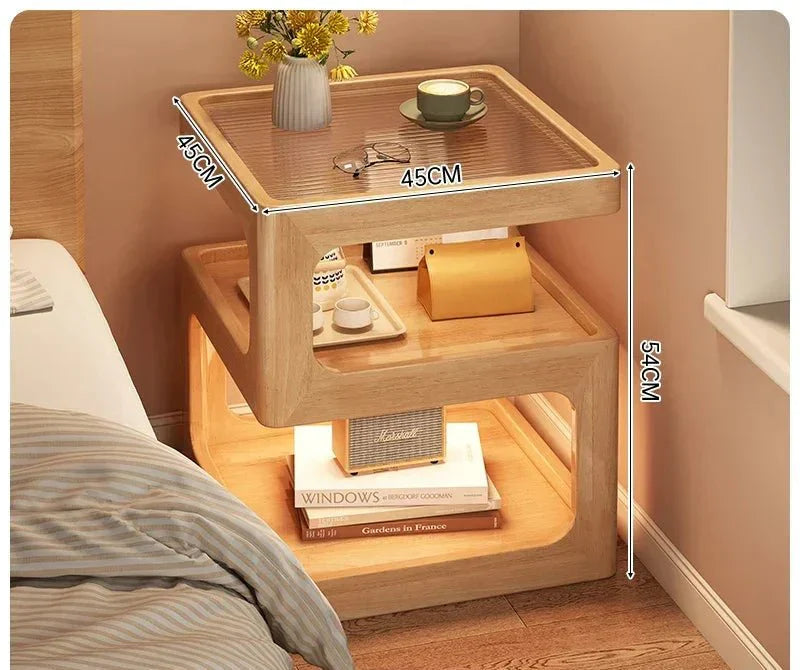 Minimalist wooden Z-shaped nightstand with drawer and LED lighting.