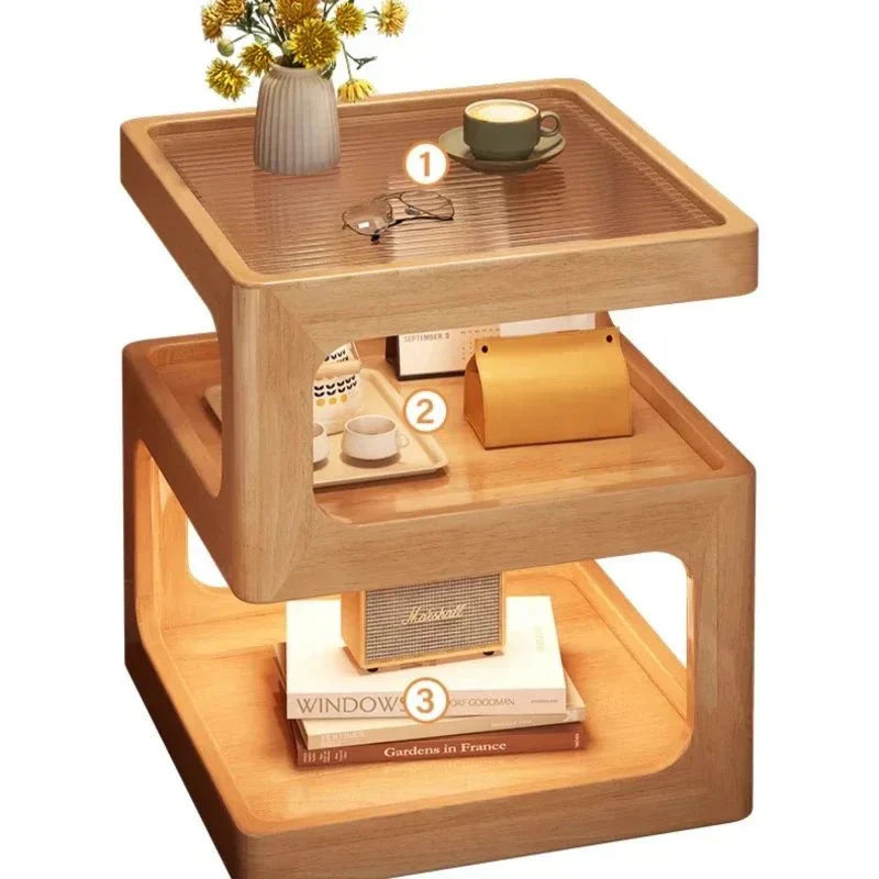 Minimalist wooden nightstand with Z-shape design, ventilated top, and built-in LED lighting.