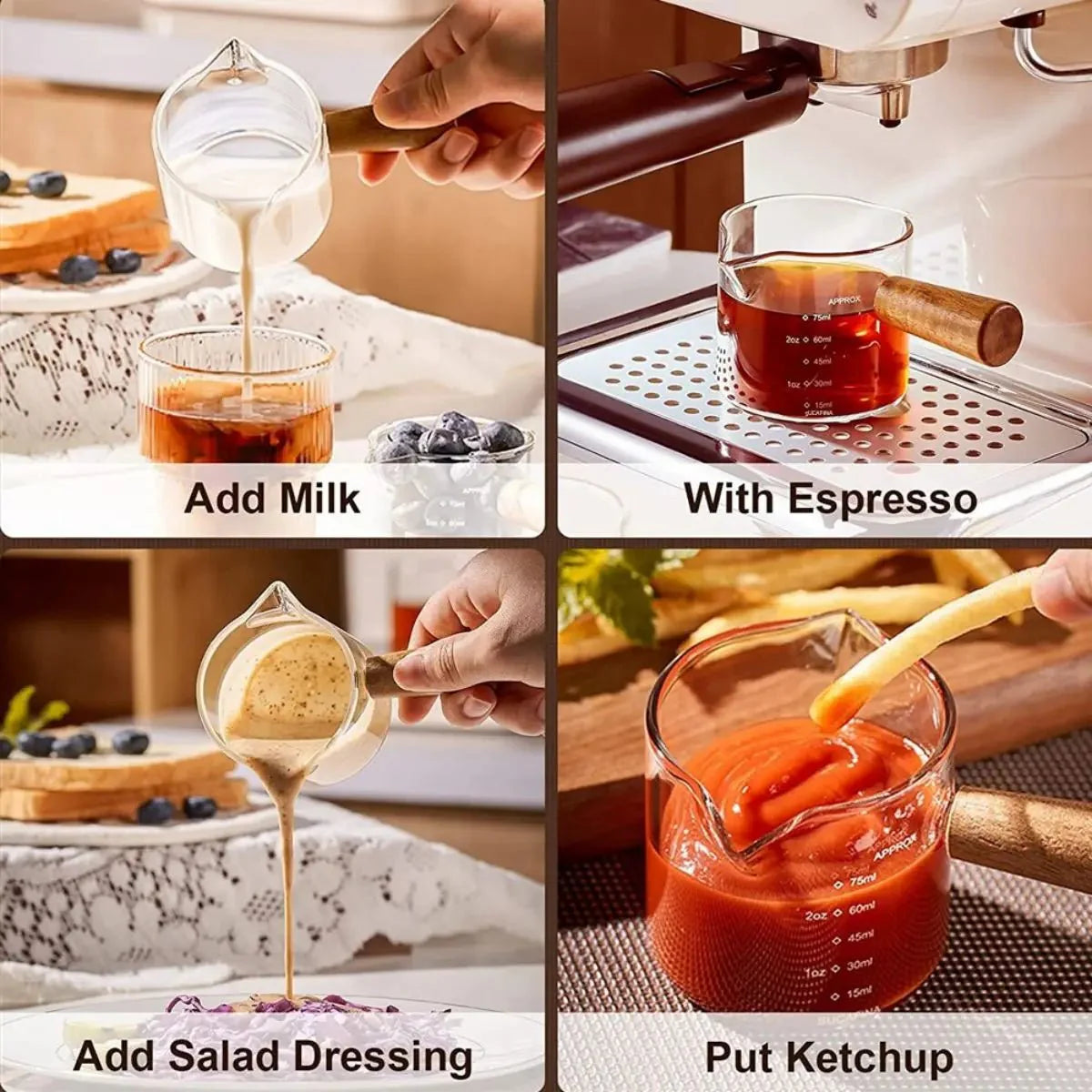 MEASTROT™ Measuring Cup – Glass Double Spout with Wood Handle -