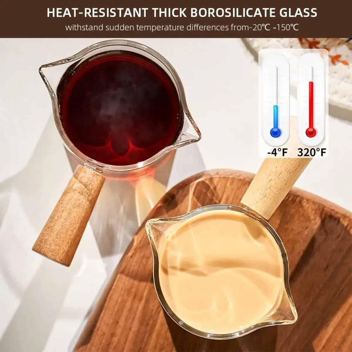 MEASTROT™ Measuring Cup – Glass Double Spout with Wood Handle -