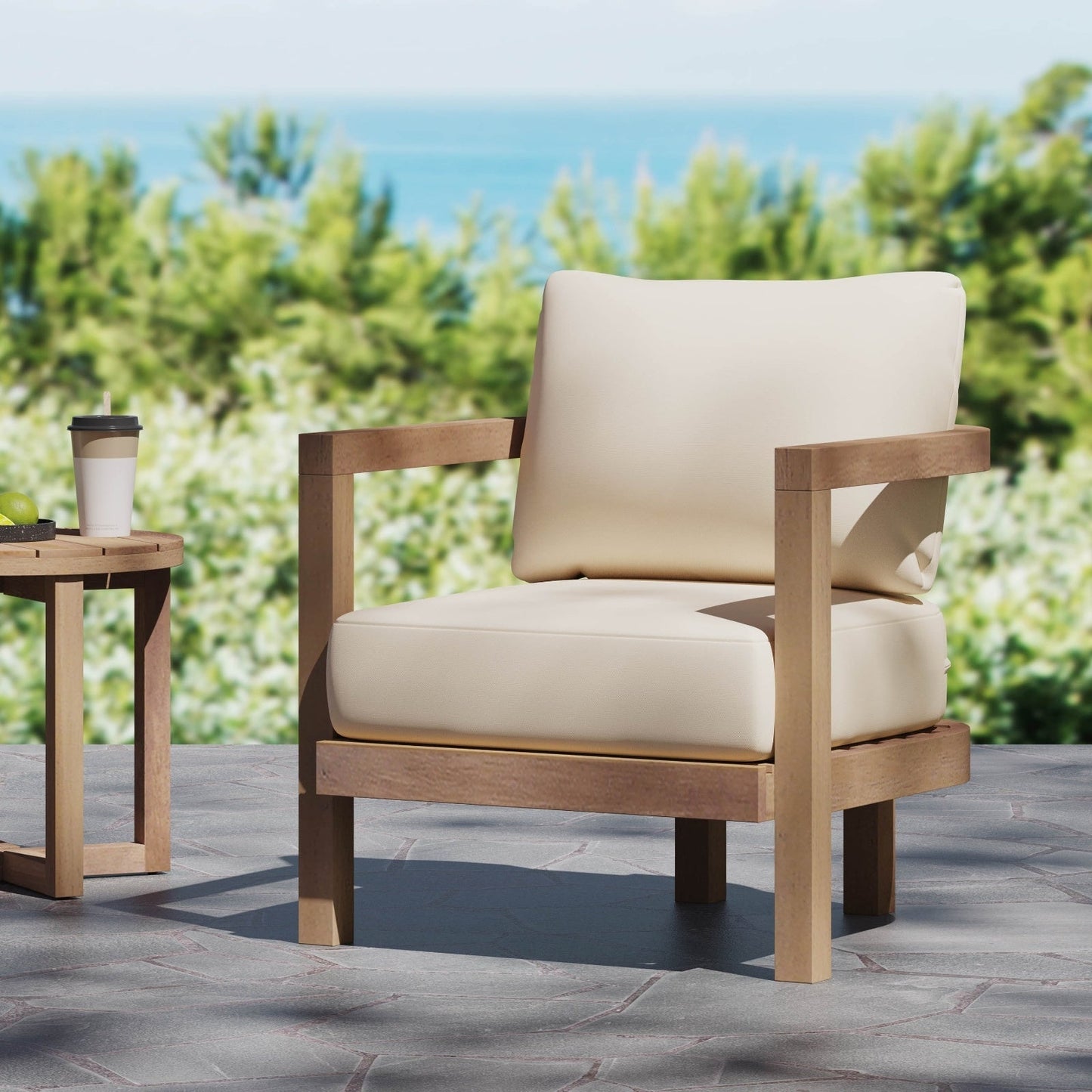 Outdoor Acacia Wood Patio Club Chair, Patio Furniture,Waterproof Thick Cushion Deep Seating For Porc -