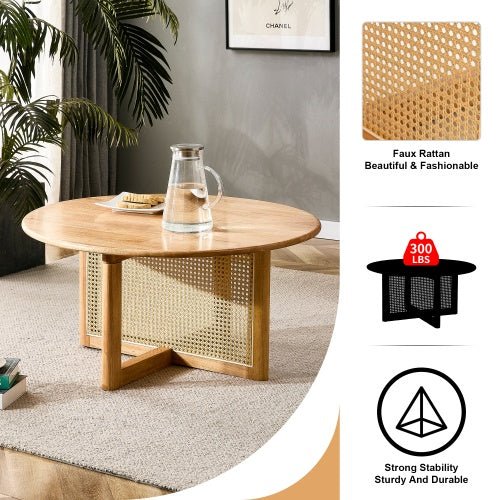 Round coffee table TRAMA™ – Wood and faux rattan natural design - coffe table