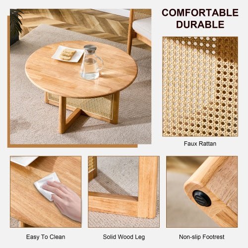 Round coffee table TRAMA™ – Wood and faux rattan natural design - coffe table