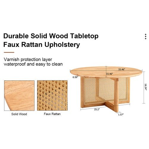 Round coffee table TRAMA™ – Wood and faux rattan natural design - coffe table