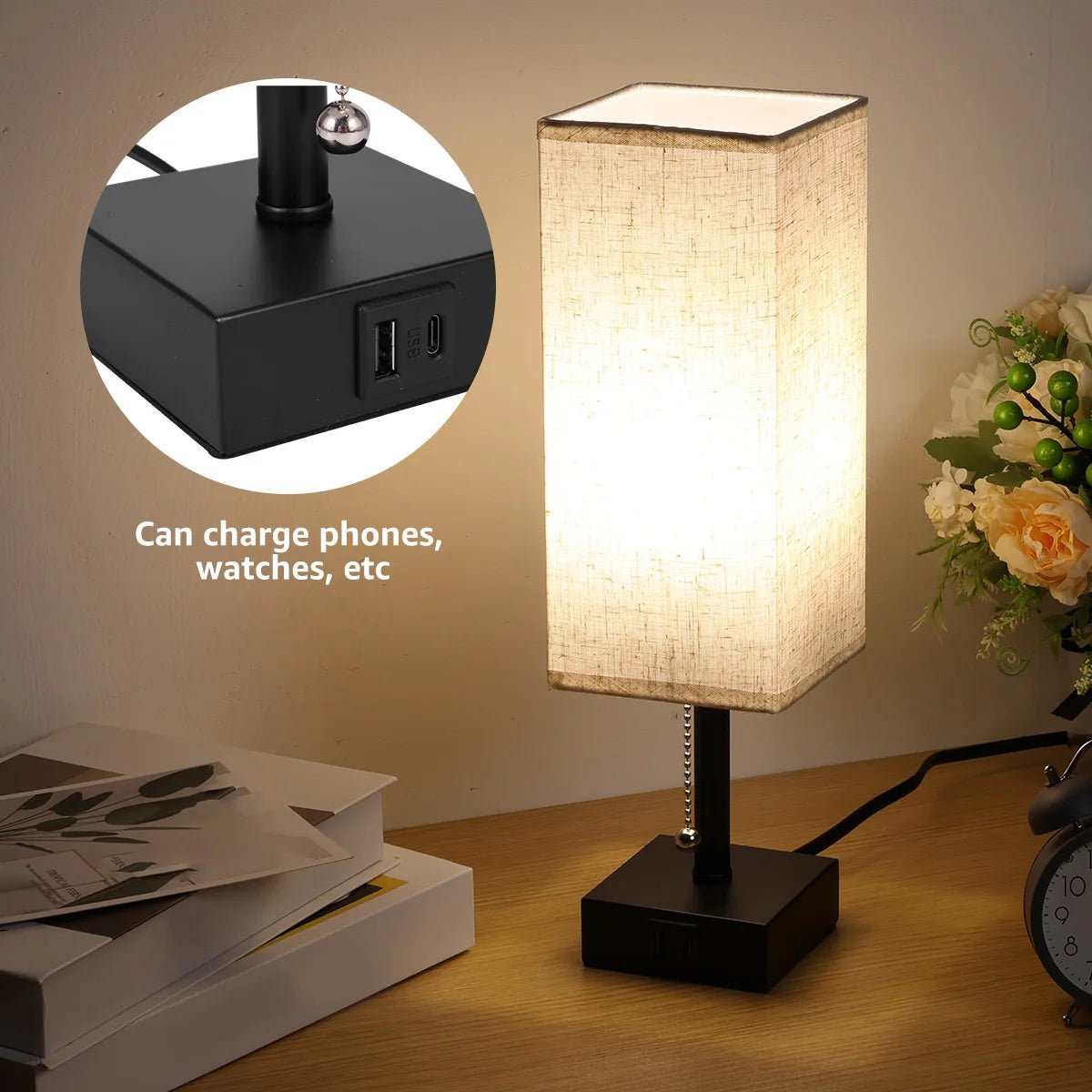 TEURUS™ USB Bedside Lamp – Dimmable Modern Fabric Light -