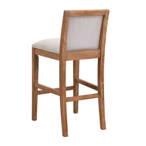 30.5 Inch high bar stool with rubberwood frame and beige upholstered cushion.