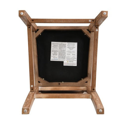30.5-inch high bar stool set with beige fabric upholstery, rubberwood frame, bottom view.
