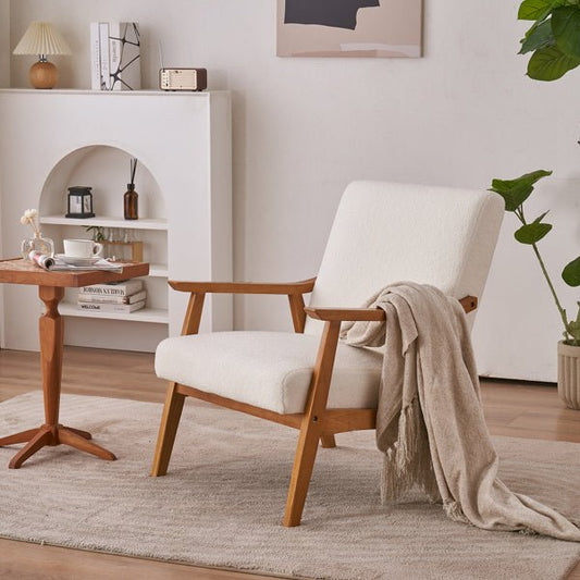 Armrests In Solid Wood, Upholstered, Teddy Velvet, Off - white, Interior Lounge Chair - 