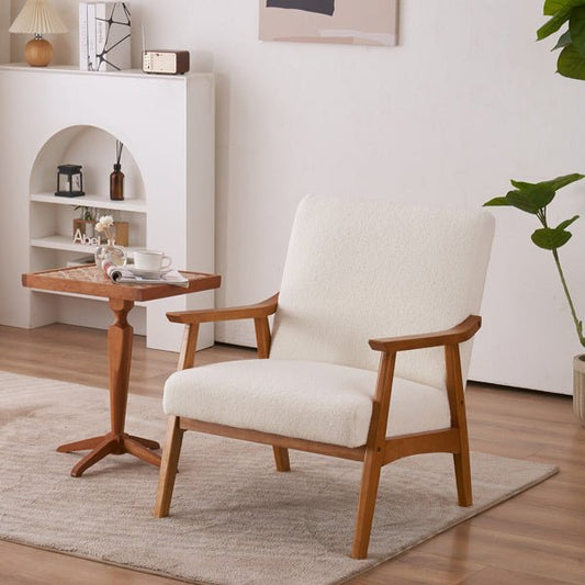 Armrests In Solid Wood, Upholstered, Teddy Velvet, Off - white, Interior Lounge Chair - 