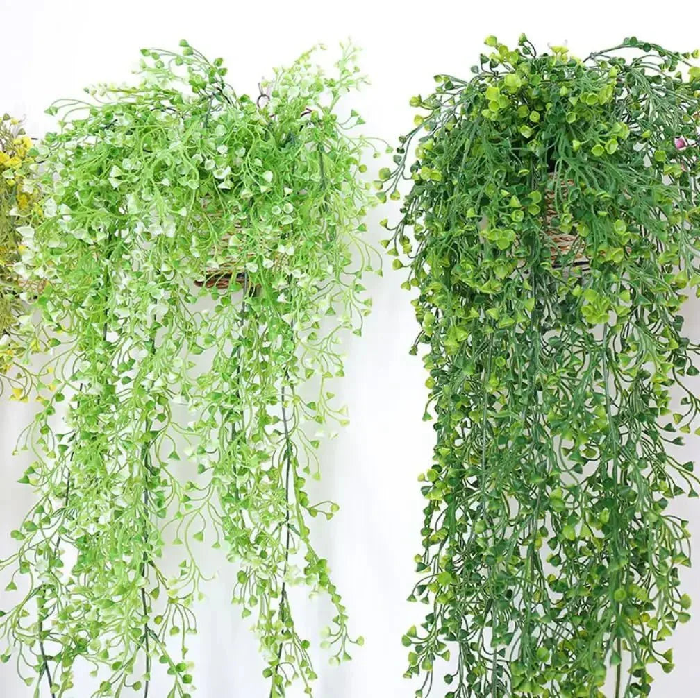Colorful faux hanging willow vine with trailing greenery, ideal for home decor.