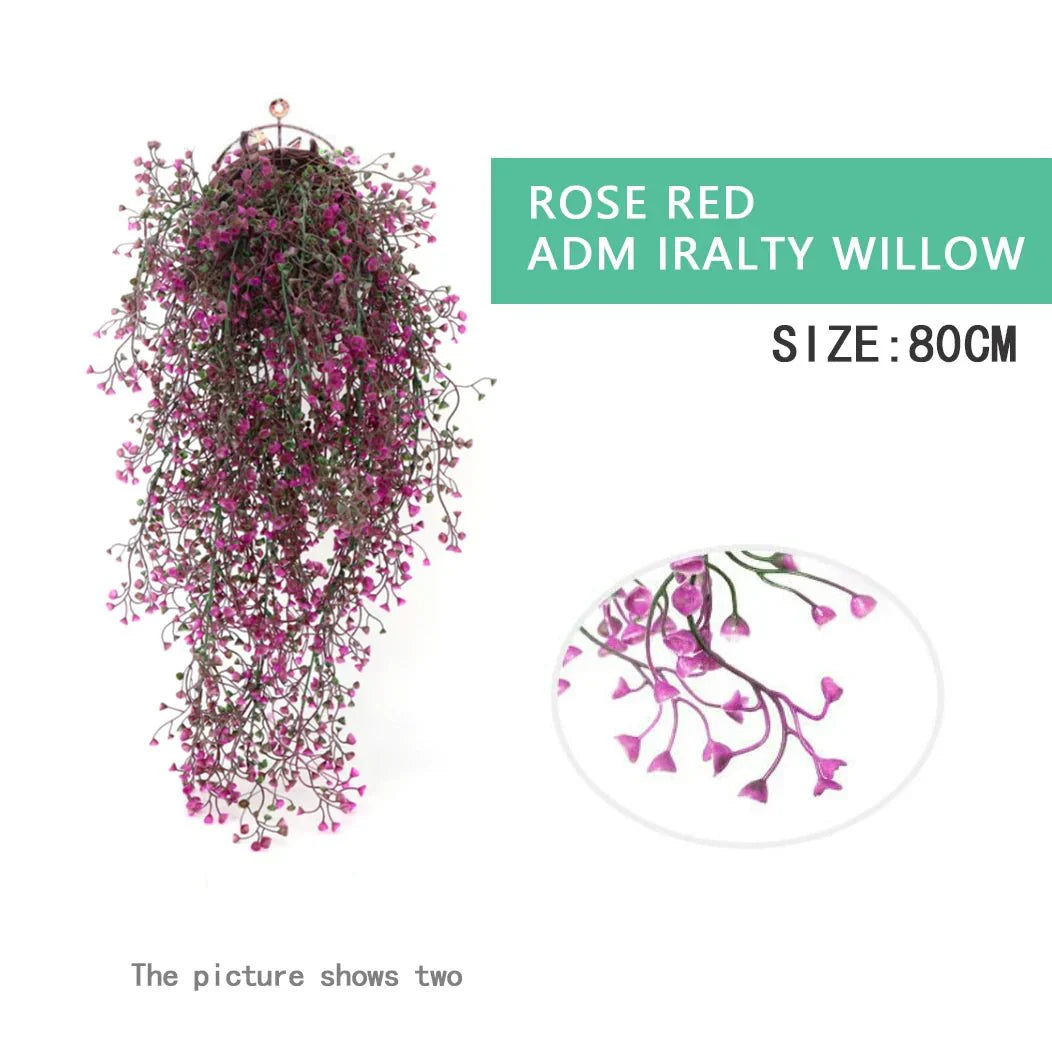Hanging faux vine in rose red, showcasing colorful artificial willow plant, 80cm size.