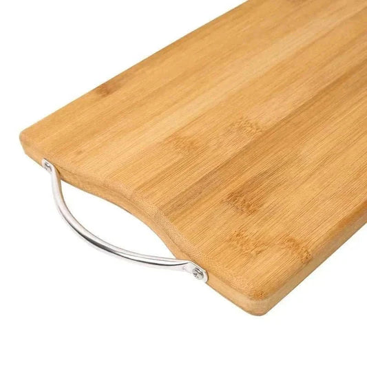 Natural bamboo cutting board with stainless steel handle, lightweight and eco-friendly.