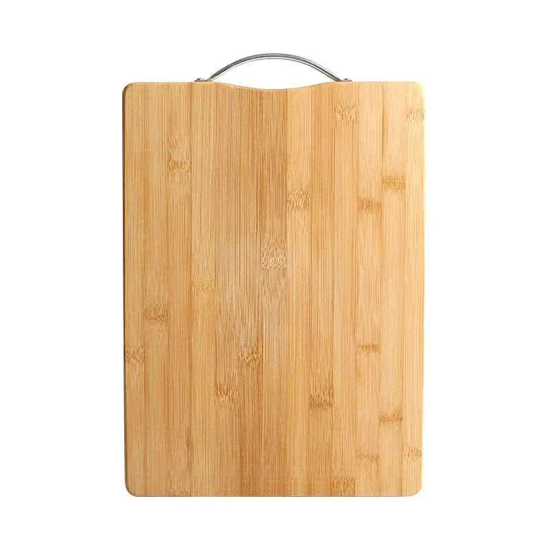 Natural bamboo cutting board with stainless steel handle, eco-friendly and durable for kitchen use.