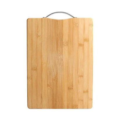 Natural bamboo cutting board with stainless steel handle, eco-friendly and durable for kitchen use.