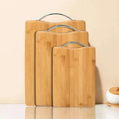 Natural bamboo cutting boards with stainless steel handles in multiple sizes.
