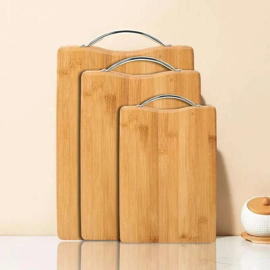 Natural bamboo cutting boards with stainless steel handles in multiple sizes.