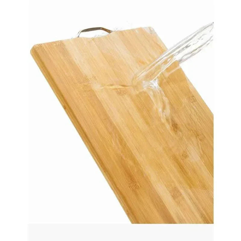 Natural bamboo cutting board with stainless steel handle, eco-friendly kitchen essential.