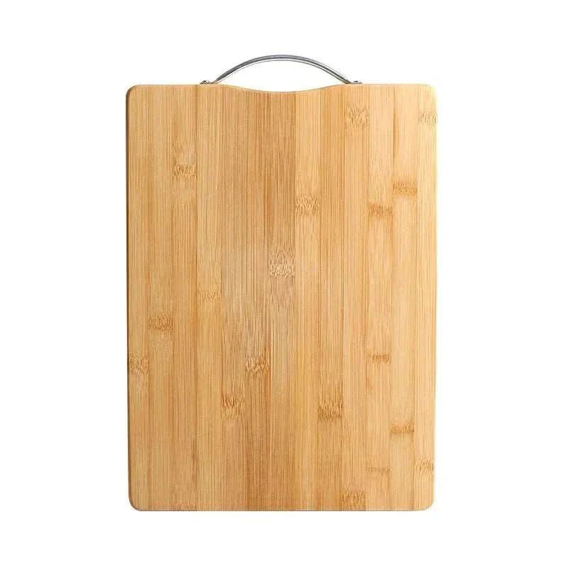 Natural bamboo cutting board with stainless steel handle, lightweight and durable for slicing and serving.