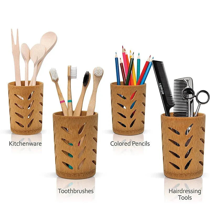 Bamboo bathroom organizer holding toothbrushes, utensils, pencils, and hair tools.