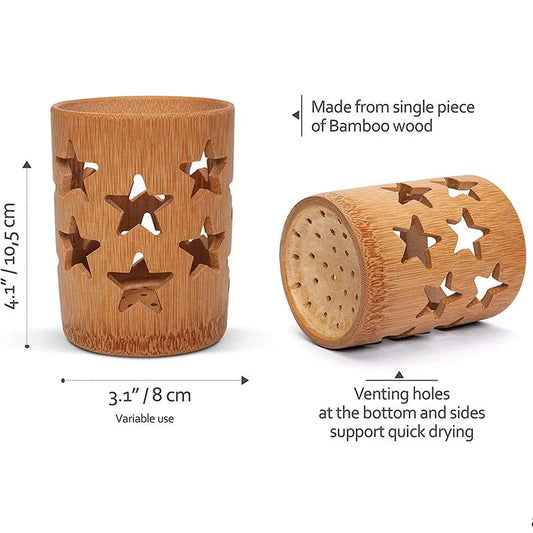 BANOBU™ Bamboo Holder with star cutouts, showcasing unique grain and ventilation holes for toothbrush drying, dimensions 10.5 cm height × 7–8.5 cm diameter. Perfect bathroom organizer.