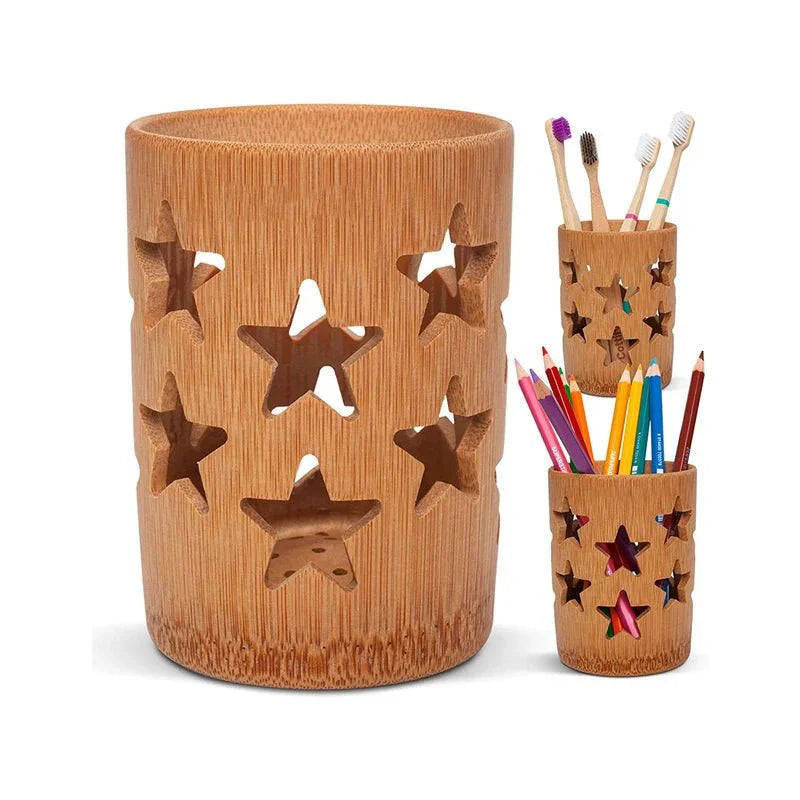 Handcrafted bamboo bathroom organizer for toothbrushes and accessories with star cutouts and ventilation holes.