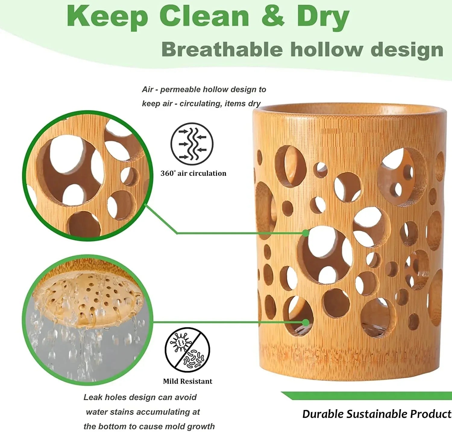 Bamboo bathroom organizer with breathable hollow design for 360-degree air circulation.