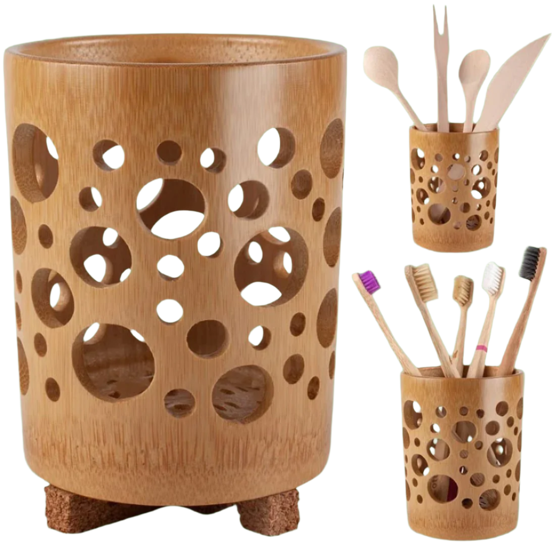 Bamboo toothbrush holder with ventilation holes for bathroom organization.