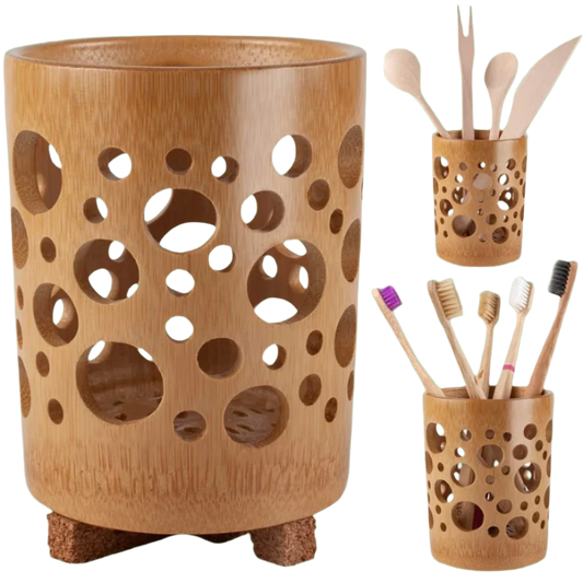 Bamboo toothbrush holder with ventilation holes for bathroom organization.